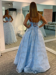 Shiny V Neck Blue Long Prom Dresses, Blue Long Formal Evening Dresses