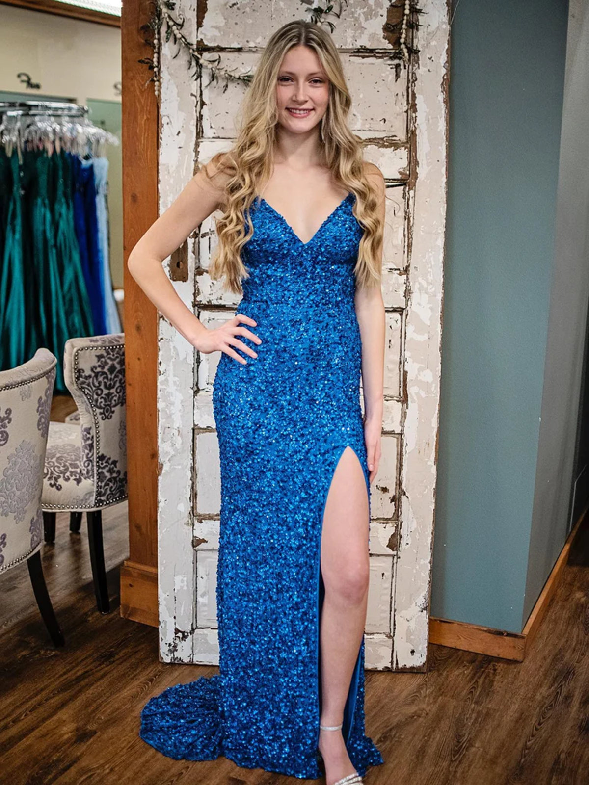 Shiny V Neck Blue Long Prom Dresses, Blue V Neck Long Formal Evening Dresses