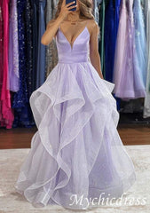 Shiny V Neck Navy Blue Long Prom Dresses Puffy