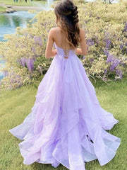Shiny V Neck Purple Long Prom Dresses, Purple V Neck Long Formal Graduation Dresses