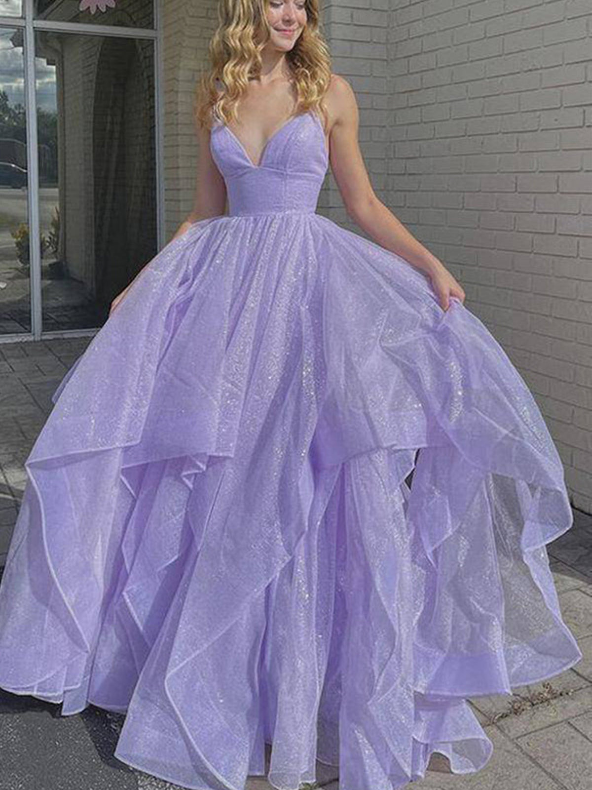 Shiny V Neck Purple Long Prom Dresses, Purple V Neck Long Formal Graduation Dresses