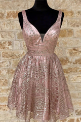 Shiny V Neck Short Champagne Prom Dresses, Short V Neck Champagne Graduation Formal Dresses