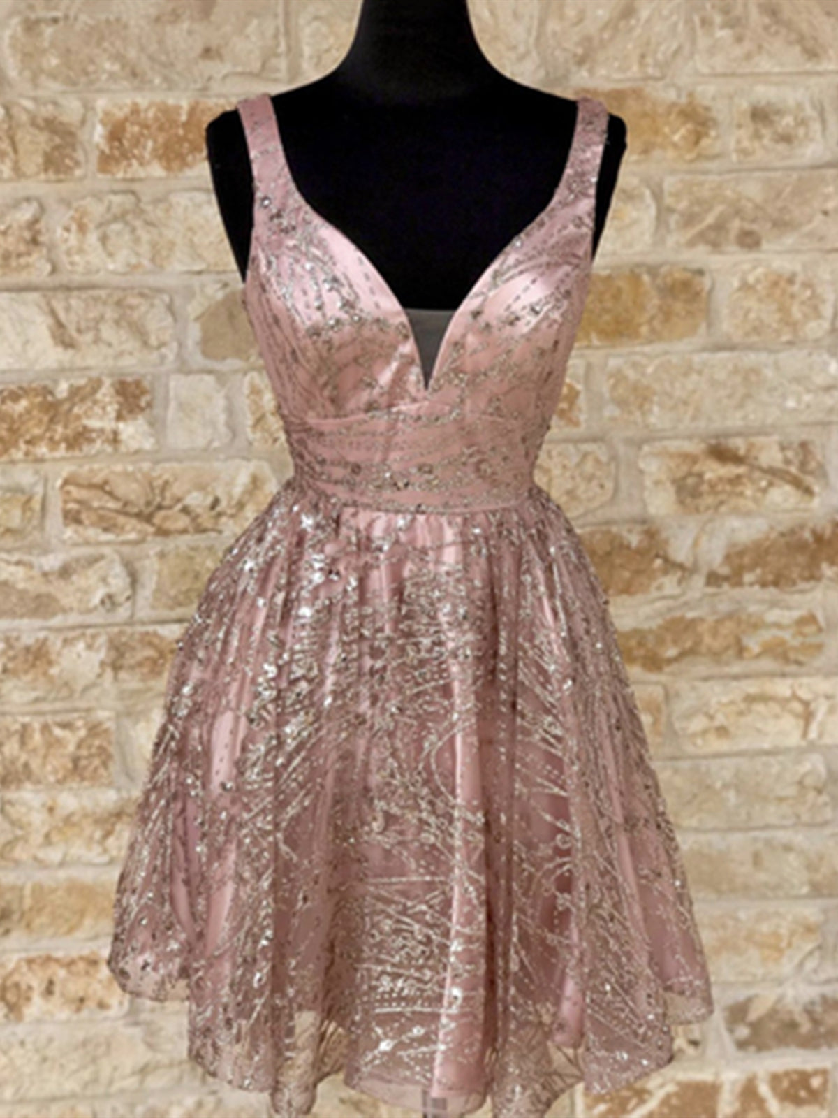 Shiny V Neck Short Champagne Prom Dresses, Short V Neck Champagne Graduation Formal Dresses