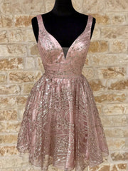Shiny V Neck Short Champagne Prom Dresses, Short V Neck Champagne Graduation Formal Dresses