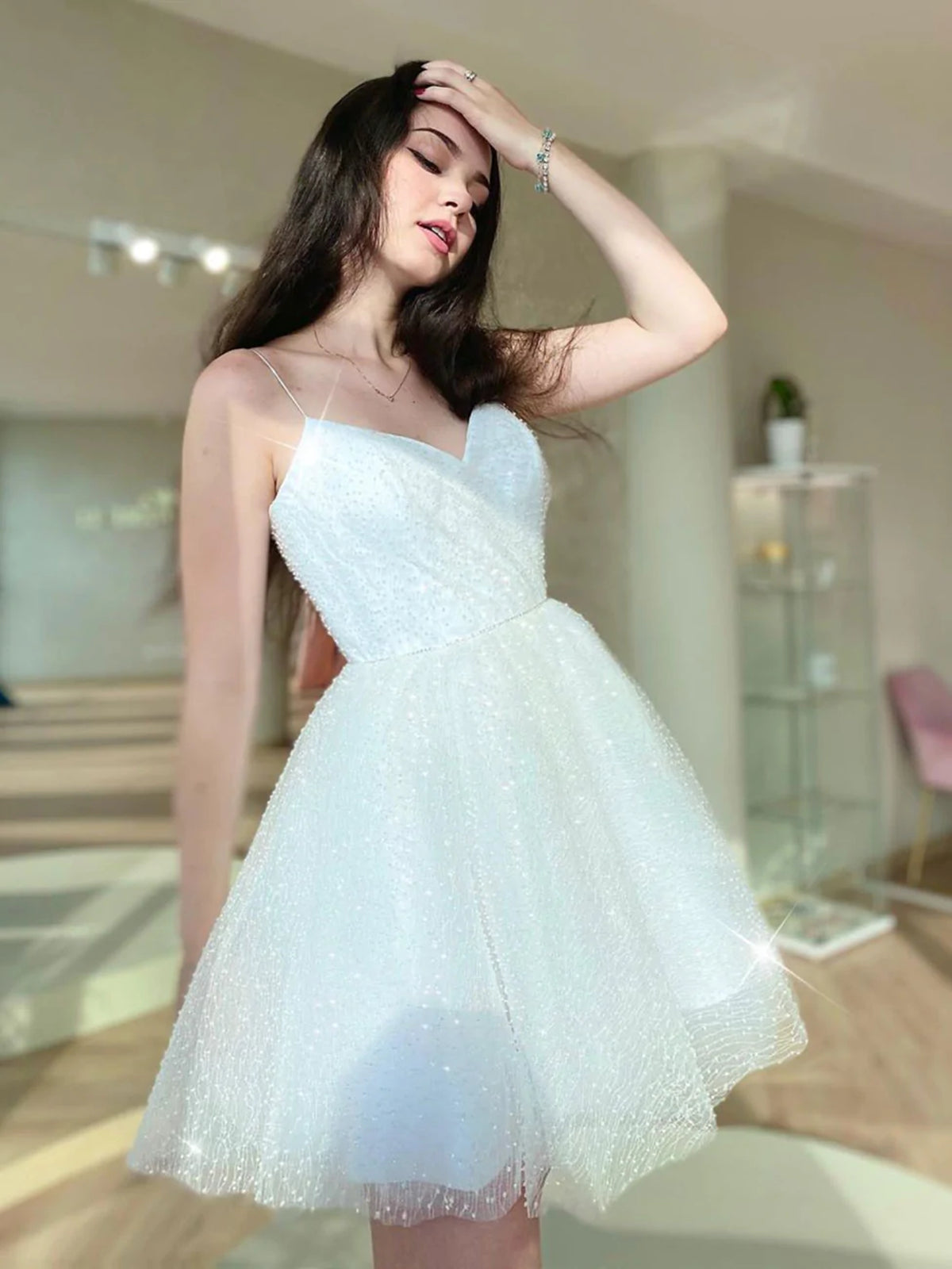 Shiny V Neck Short White Prom Dresses, V Neck Short White Formal Homecoming Dresses
