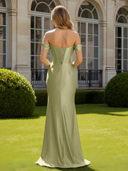 Off-the-shoulder Pleated Corset Bodycon Dress With Slit Dusty Sage