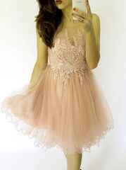 Short A Line Scoop Neck Tulle Homecoming Dress Lace Appliques