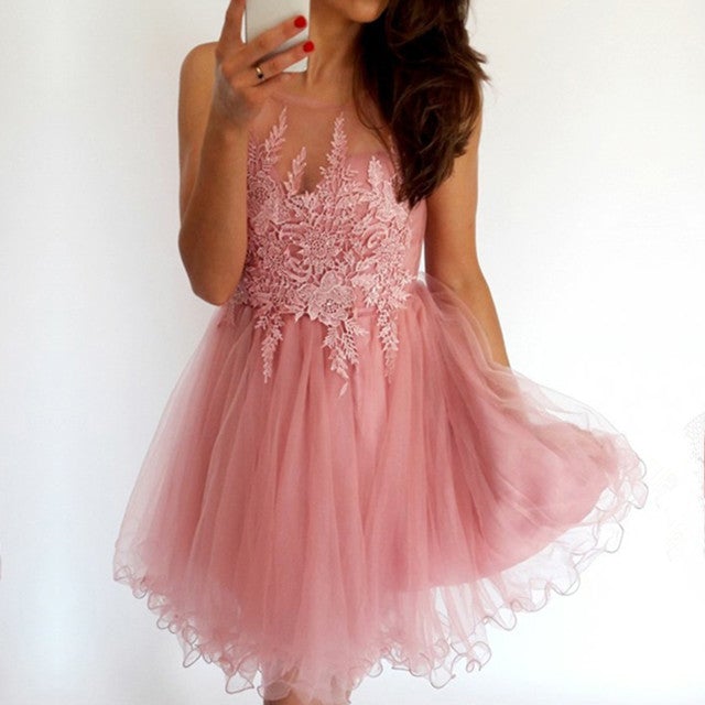 Short A Line Scoop Neck Tulle Homecoming Dress Lace Appliques