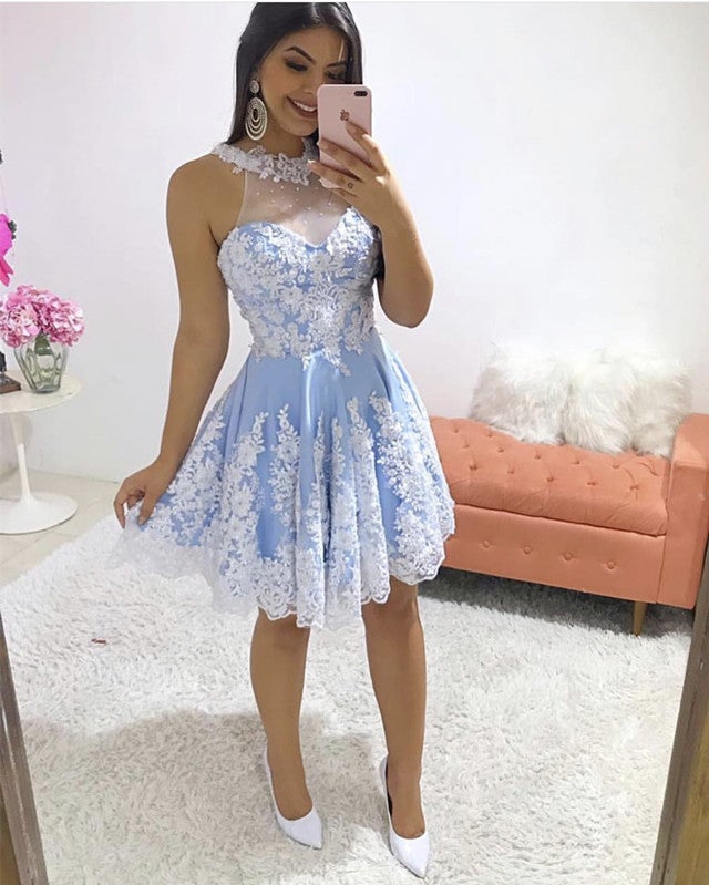 Short A-line Halter Homecoming Dresses Lace Appliques