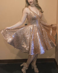 Short A-line V-neck Open Back Sequins Homecoming Dresses