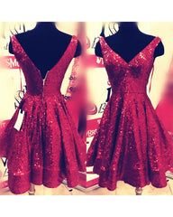 Short A-line V-neck Open Back Sequins Homecoming Dresses