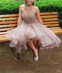 Short Beaded Halter Organza Ruffles Champagne Homecoming Dresses