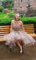 Short Beaded Halter Organza Ruffles Champagne Homecoming Dresses