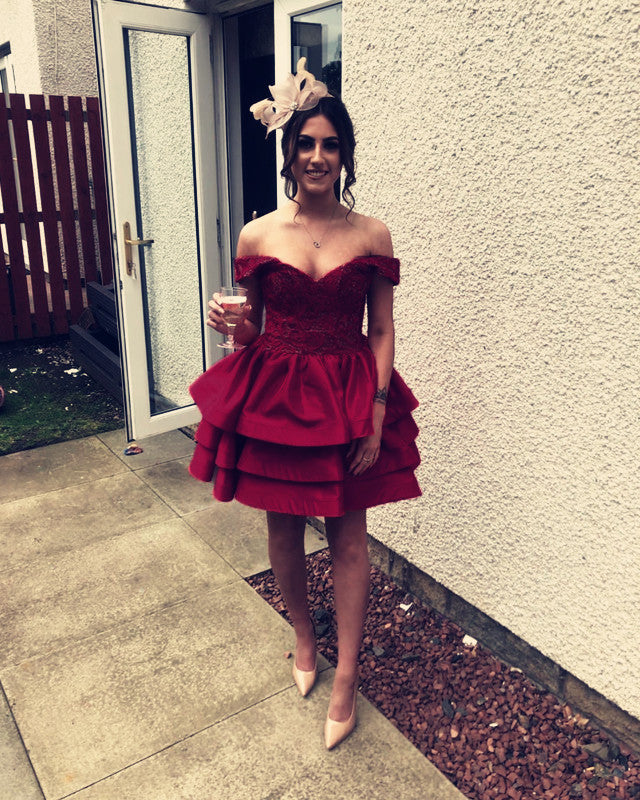 Satin Ruffles Homecoming Dresses Lace Off Shoulder
