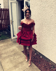 Satin Ruffles Homecoming Dresses Lace Off Shoulder