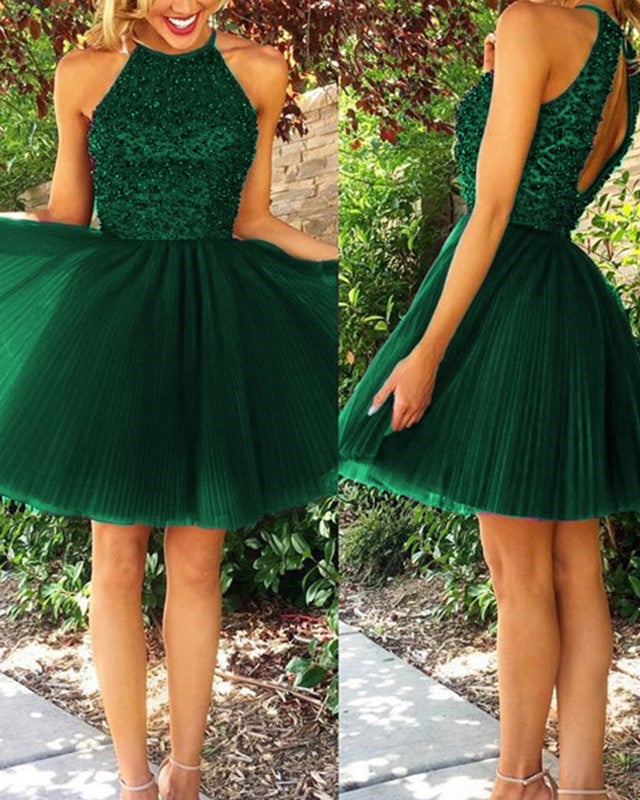 Short Emerald Green Homecoming Dresses Tulle Beaded Open Back