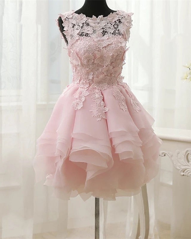 Short Floral Lace Ball Gowns Organza Layered Dress