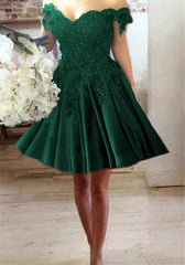 Short Green Satin Prom Dresses Off Shoulder With Lace Flowers Beaded