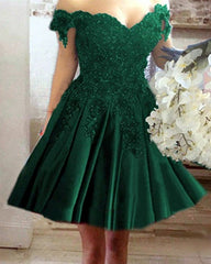 Short Green Satin Prom Dresses Off Shoulder With Lace Flowers Beaded