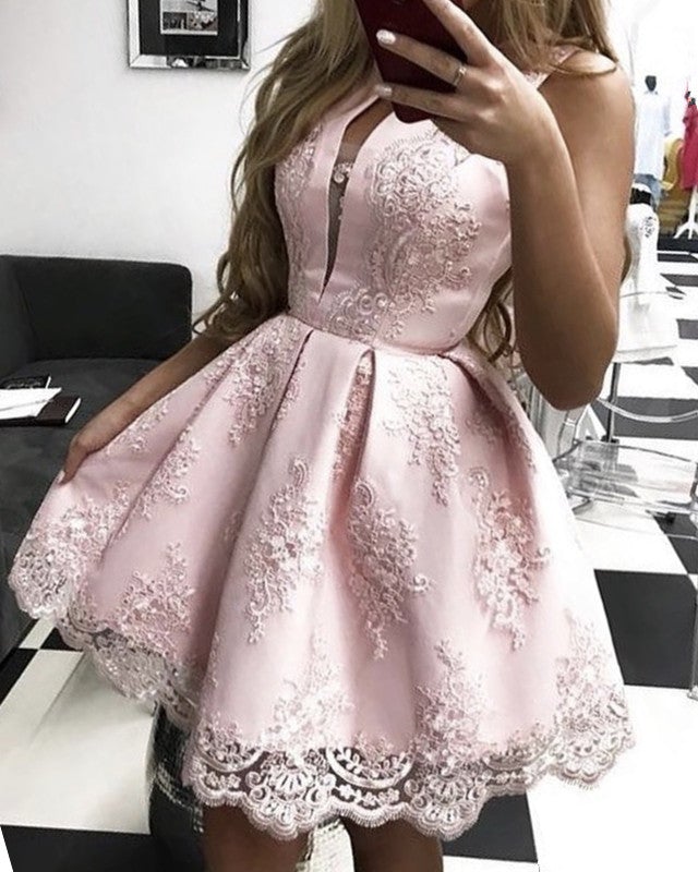 Short Halter Satin And Lace Homecoming Dresses