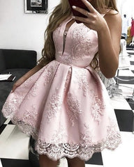 Short Halter Satin And Lace Homecoming Dresses