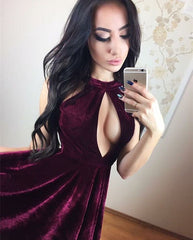 Short Halter Top Burgundy Velvet Homecoming Dresses
