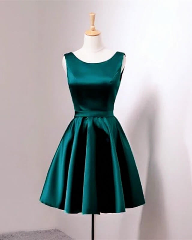 Short Hunter Green Satin Prom Dress With Bow