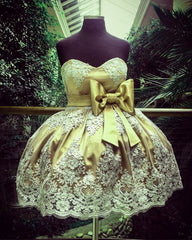 Short Lace Appliques Bow Sashes Satin Prom Homecoming Dresses