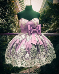 Short Lace Appliques Bow Sashes Satin Prom Homecoming Dresses