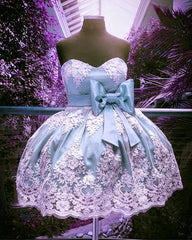 Short Lace Appliques Bow Sashes Satin Prom Homecoming Dresses