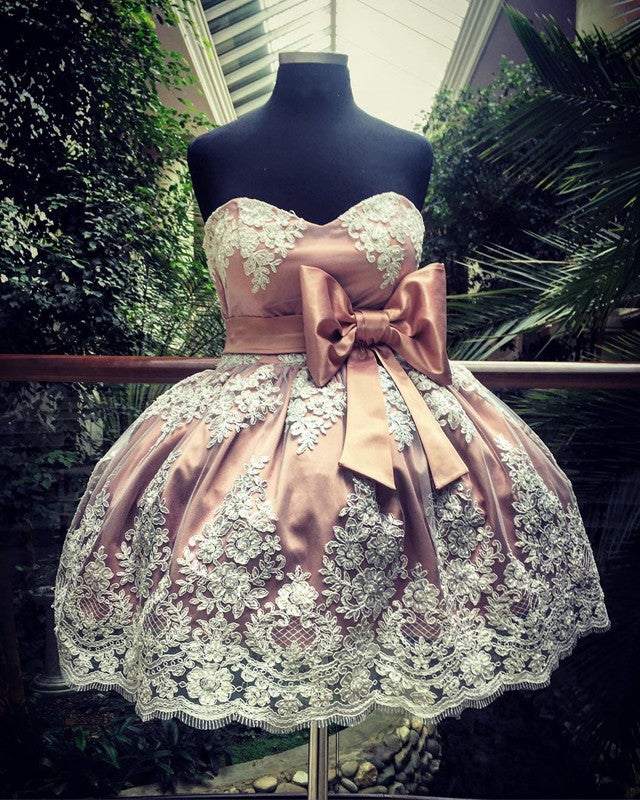 Short Lace Appliques Bow Sashes Satin Prom Homecoming Dresses