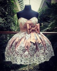 Short Lace Appliques Bow Sashes Satin Prom Homecoming Dresses