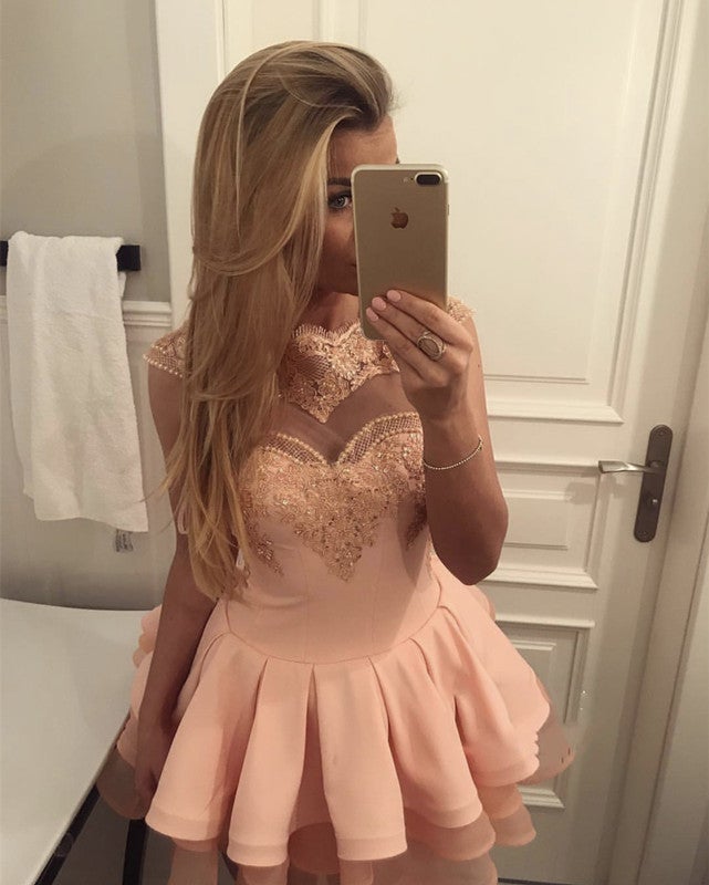 Short Lace Cap Sleeves Ruffle Hem Homecoming Dresses