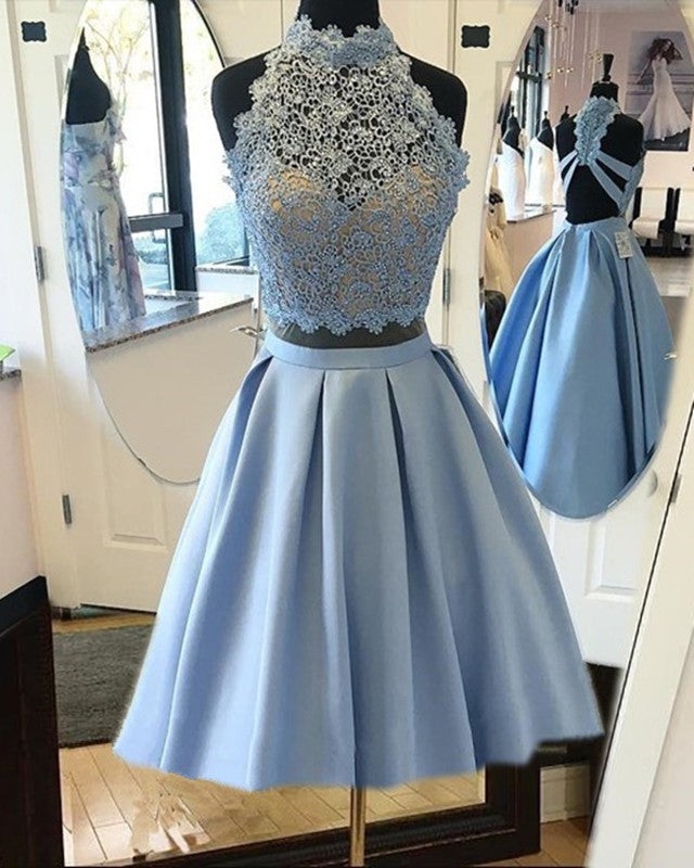 Short Lace Crop Satin homecoming dresses two piece
