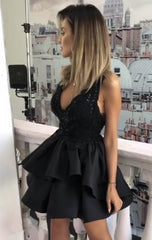 Short Lace V-neck Ruffles Satin Prom Homecoming Dress