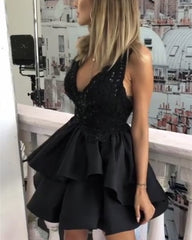 Short Lace V-neck Ruffles Satin Prom Homecoming Dress
