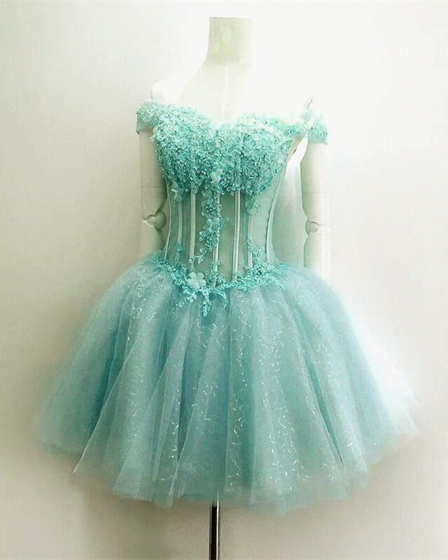 Short Light Blue Corset Homecoming Dresses Lace Appliques