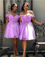 Short Off Shoulder Embroidery Beaded Tulle Prom Homecoming Dresses