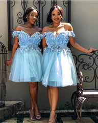 Short Off Shoulder Embroidery Beaded Tulle Prom Homecoming Dresses