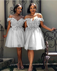 Short Off Shoulder Embroidery Beaded Tulle Prom Homecoming Dresses