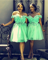 Short Off Shoulder Embroidery Beaded Tulle Prom Homecoming Dresses