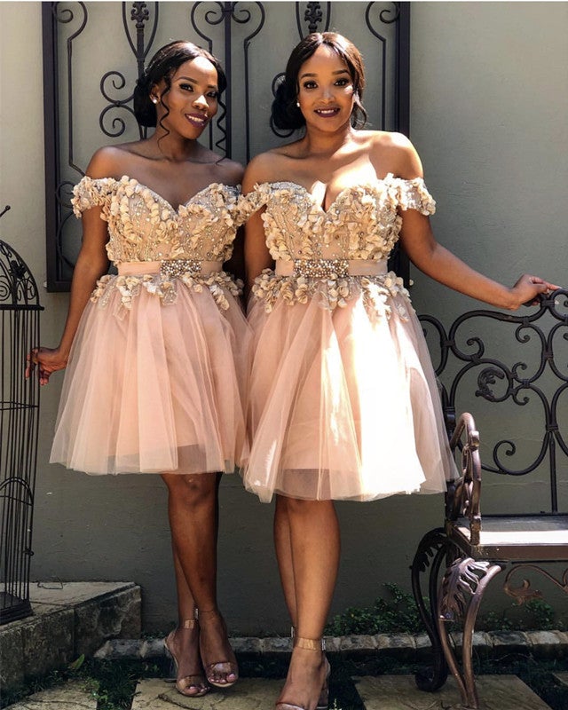 Short Off Shoulder Embroidery Beaded Tulle Prom Homecoming Dresses