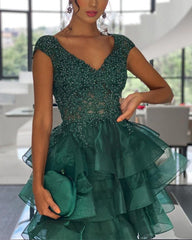 Short Organza Ruffles Homecoming Dresses Lace Beaded V Neck