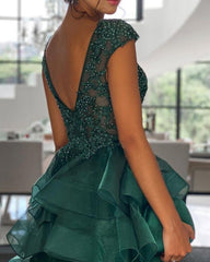 Short Organza Ruffles Homecoming Dresses Lace Beaded V Neck