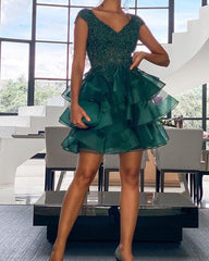 Short Organza Ruffles Homecoming Dresses Lace Beaded V Neck