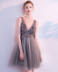 Short Prom Homecoming Dresses Tulle V Neck Sequins Beaded