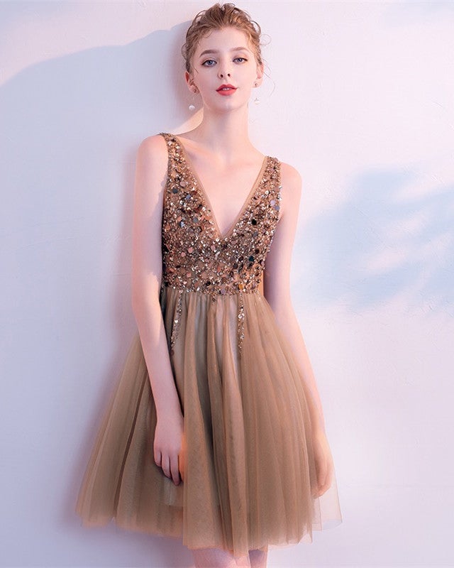Short Prom Homecoming Dresses Tulle V Neck Sequins Beaded