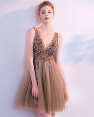 Short Prom Homecoming Dresses Tulle V Neck Sequins Beaded