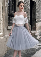 Short Sage Green Two Piece Prom Dress Lace Crop