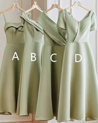 Short Sage Satin Bridesmaid Dresses Mismatched